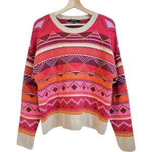 Forever 21 Vintage Sweater Women Medium Pink Red Knit Tribal Western Boho‎ Aztec